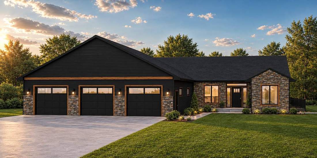 Rendering of a black modern ranch with stone accents and three-car garage