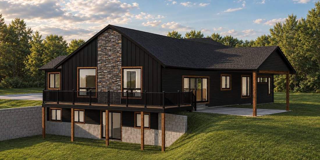 Rendering of the rear walkout with covered deck and stone gable